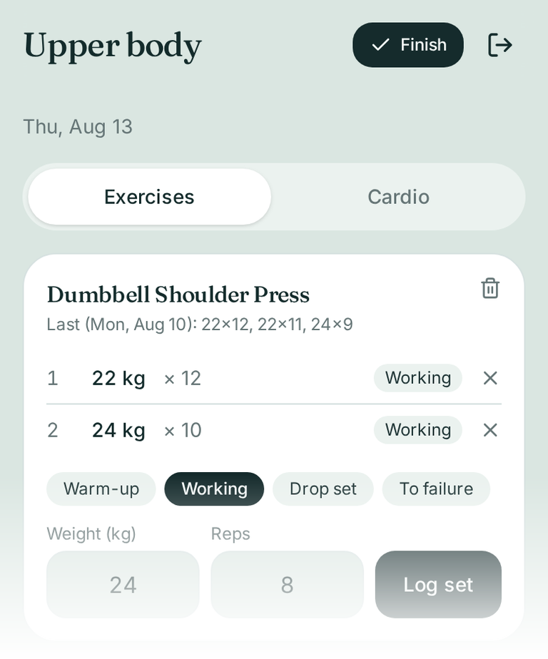 SteadyGym: logging a dumbbell shoulder press set with example data
