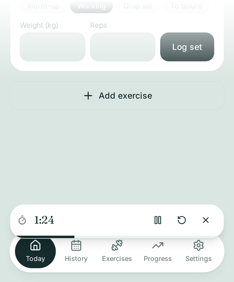 SteadyGym: rest timer counting down above the navigation bar